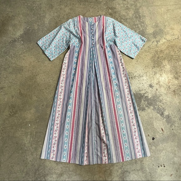 Vintage 1970's Patchwork Pale Stripe Bell Sleeve Maxi House Dress Muumuuu